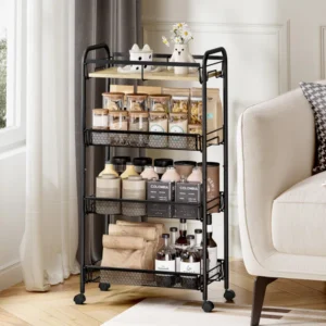 4-Tier Rolling Cart,Metal Utility Cart with Wooden Tabletop,Salon Trolley Cart,Storage Cart,Metal Cart,Printer Stand