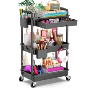 Rolling Cart with Drawer & Lockable Wheels, Plastic Shelf Storage Organizer Cart